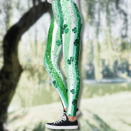 Legging Classic Green White Vertical Stripes Shamrocks