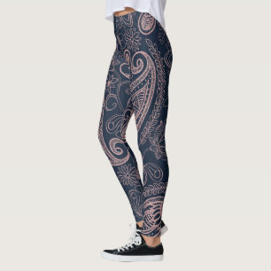 Legging Clássica Rosa azul Dourada com brilho Paisley Flo