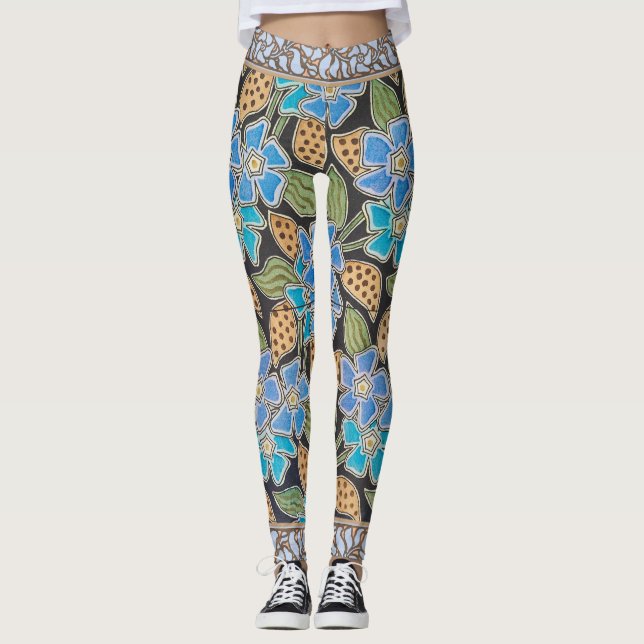 Legging Clássico Floral Clássico Azul-Flor Elegante (Frente)