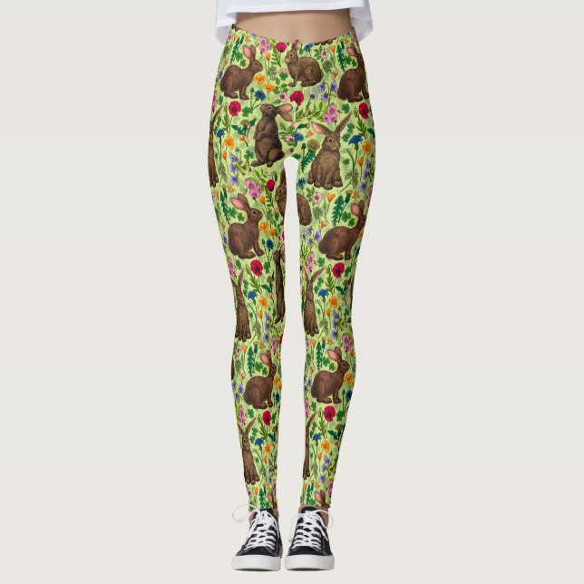 Legging Coelhos e flores silvestres em verde de melada (Frente)