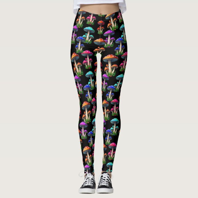 Legging Cogumelos Coloridos No Fundo Negro (Frente)