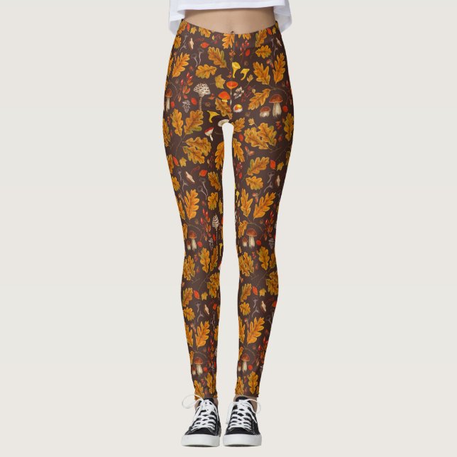 Legging Cogumelos florestais e flora do outono em castanho (Frente)