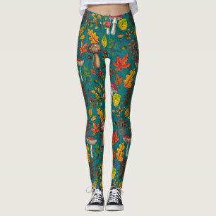 Legging Cogumelos, folhas, loucos e bagas de outono, em az