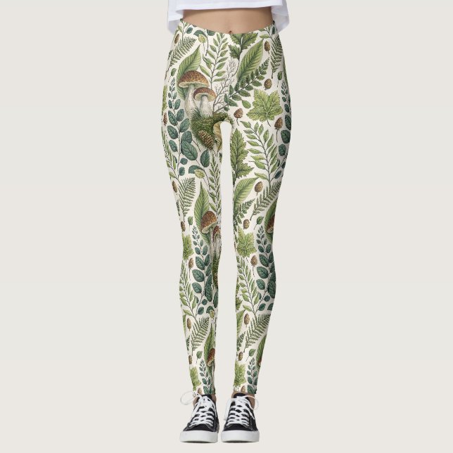 Legging Cogumelos Woodland Pinecones Ferns Padrão de Outon (Frente)