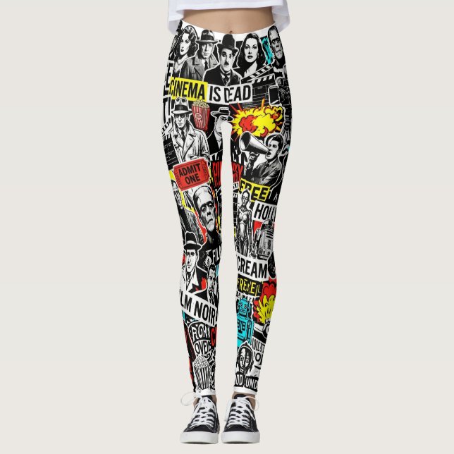 Legging Colagem de Adesivos de Cinema Clássico Retro - Fi  (Frente)
