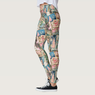 Legging Colagem de cartão de Natal vintage pastel