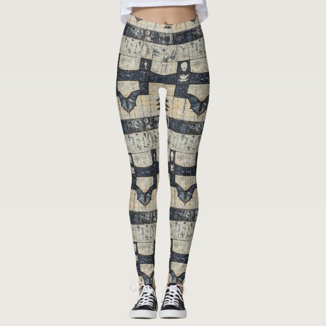 Legging Colagem de Crânio Gótico & Denim de Morcego (Frente)