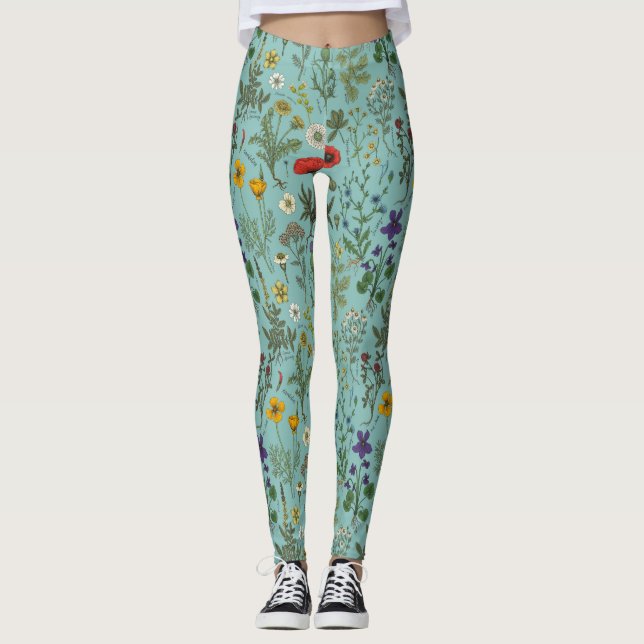 Legging Colagem de flores silvestres em azul (Frente)
