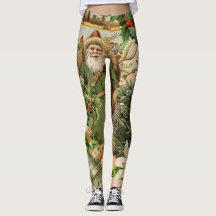 Legging Colagem de Natal do Velho Mundo do Papai Noel Verd