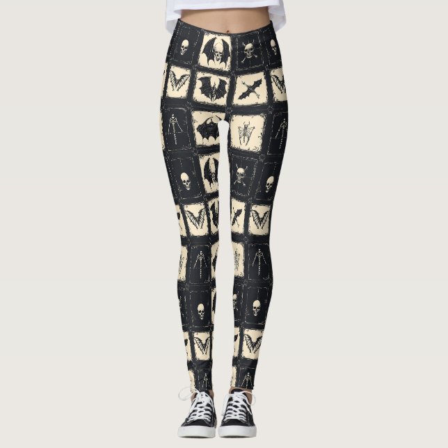 Legging Colcha de Denim com Morcegos e Esqueletos (Frente)