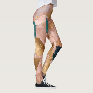 Legging Coleção de Folhas Douradas de Boho Rosa Moderno