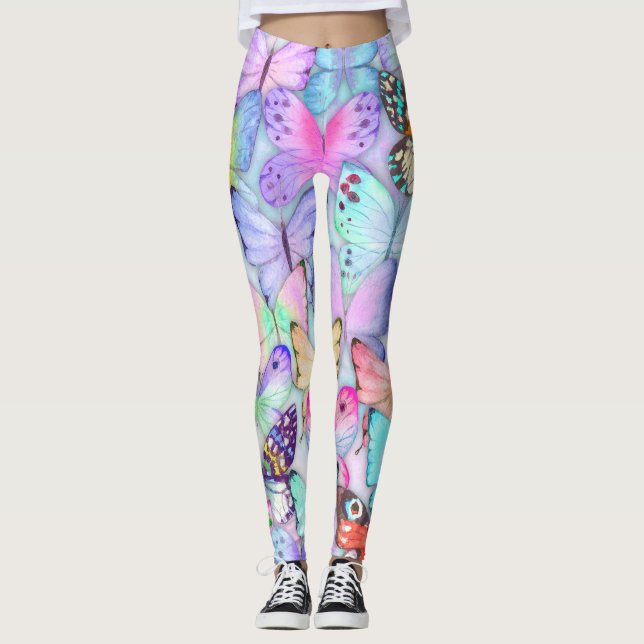 Legging Coloração d'água pintada Borboletas padrão roxo (Frente)