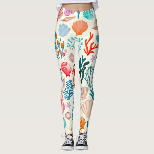 Legging Colorida Seashell de Coral Tropical de Verão