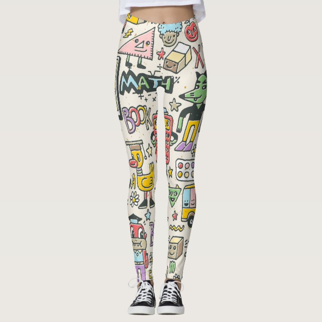 Legging Colorido de volta aos rabiscos da escola (Frente)