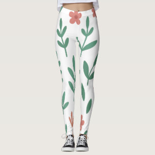 Legging com Padrão de Folha Verde e Flor Rosa