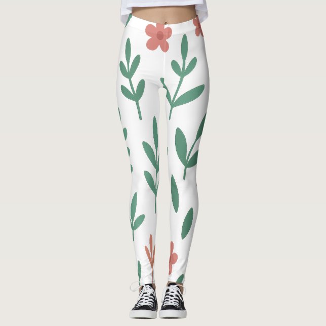 Legging com Padrão de Folha Verde e Flor Rosa (Frente)
