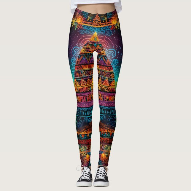 Legging Combinação de Abstrato de Retrato Zodiac & Aztec (Frente)