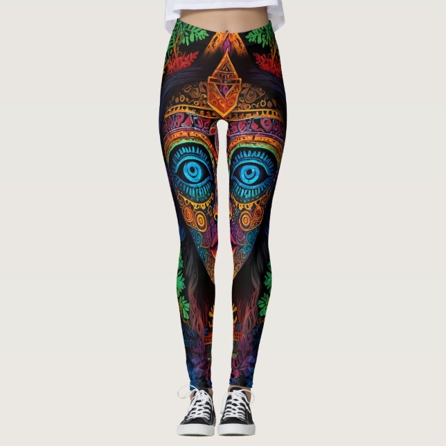 Legging Combinação de Abstrato de Retrato Zodiac & Aztec (Frente)