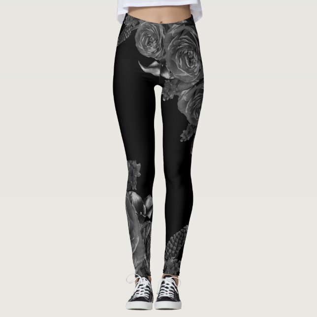 Legging Composição das flores pretas (Frente)