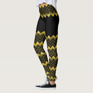 Legging Composição Glitor de Faux Chevron Preto e Dourado