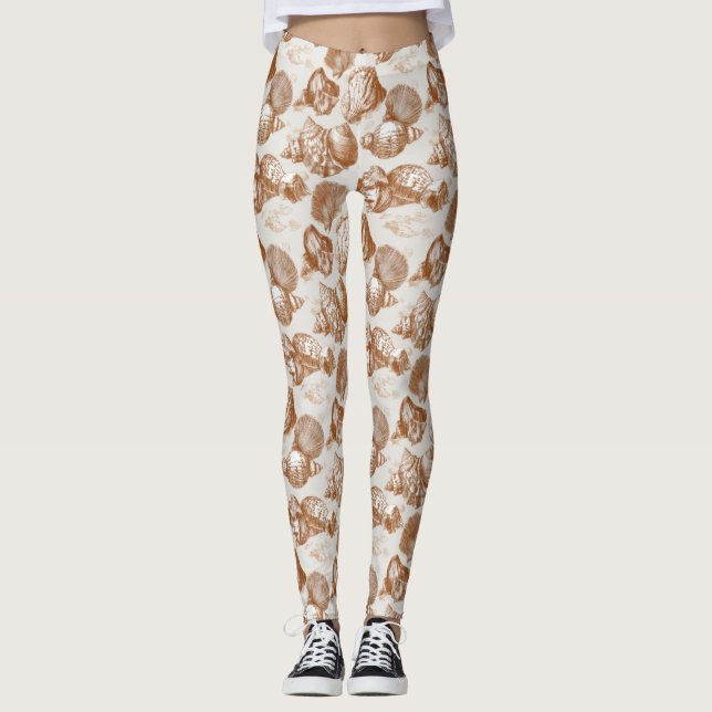 Legging Concha Marinha Neutra com Estilo Toile Costeiro (Frente)