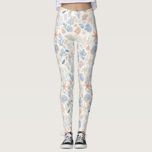 Legging Conchas Costeiras Estrela do Mar Azul Pêssego Crem