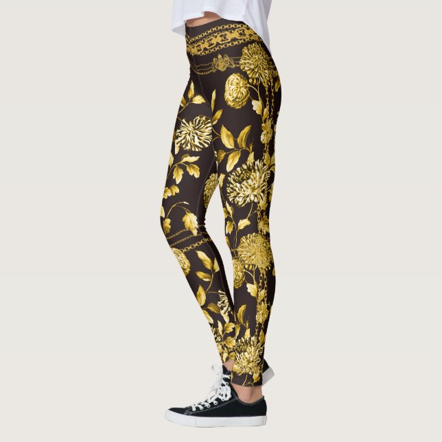 Legging Condessa Dourada Chain Lion Emblem Floral Espresso (Esquerda)