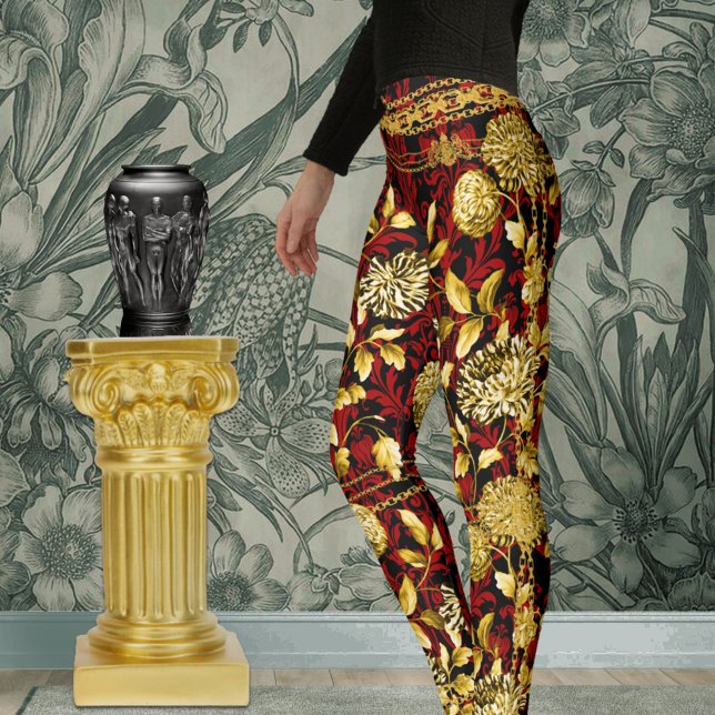 Legging Condessa Dourada Floral Cadeia Vermelha Damasco Pr (Criador carregado)