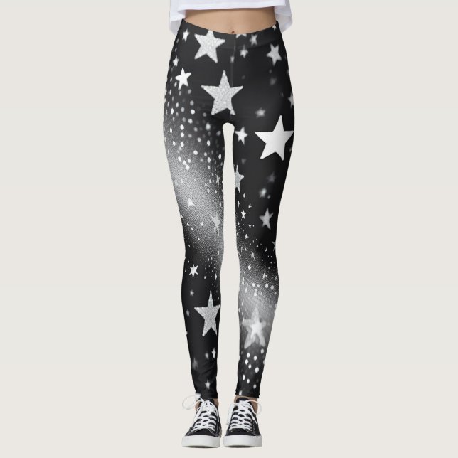 Legging Conforto Celestial: Faíscas Brancas & Estrelas (Frente)