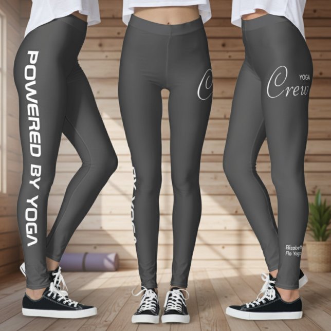 Legging Conjunto de ioga de impressão personalizada cinza  (Grey yoga leggings shown from 3 angles in a wood yoga studio.)