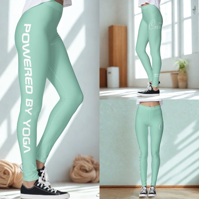 Legging Conjunto de ioga de impressão personalizada Light  (Light teal yoga leggings shown in 3 views.)