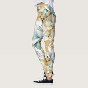Legging Cor d'água botânica, azul, branco, amarelo, lírio