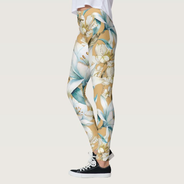 Legging Cor d'água botânica, azul, branco, amarelo, lírio  (Esquerda)