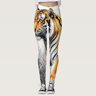 Legging Cor de Arte Tigre Desenho Branco Parcial Preto