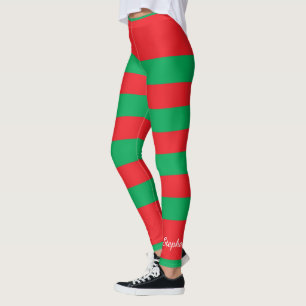 Legging Cor de Natal, Faixa Vermelha e Verde, com Nome