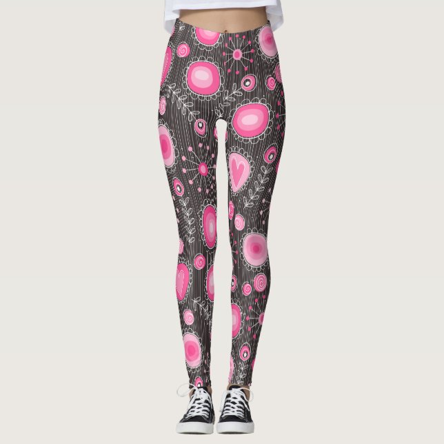 Legging Cor-de-rosa e cinzas e flores florais (Frente)