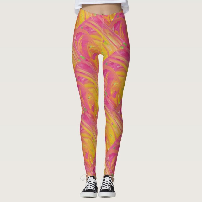 Legging Cor-de-rosa salmonal com design de arte laranja (Frente)