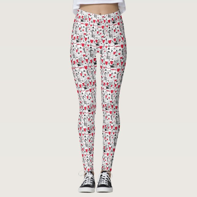 Legging Coração Vermelho de Gato Branco Preto (Frente)