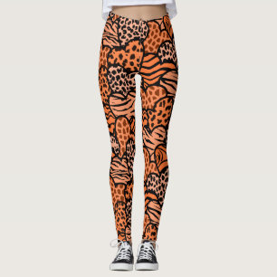 Legging Corações de impressão de animais laranja e pret