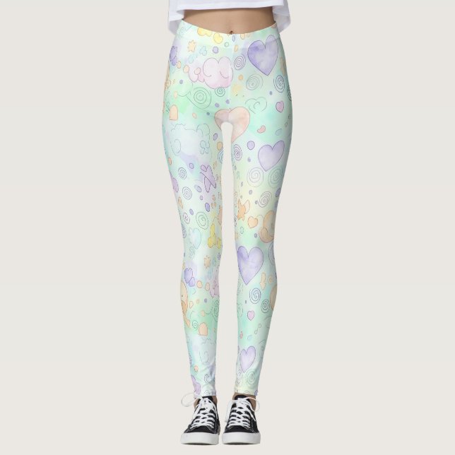 Legging Corações Pastéis e Nuvens Sonho em Aquarela (2) (Frente)