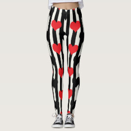 Legging Corações Pretos Vermelhos Em Stripes Brancas Preta
