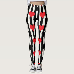 Legging Corações Pretos Vermelhos Em Stripes Brancas Preta