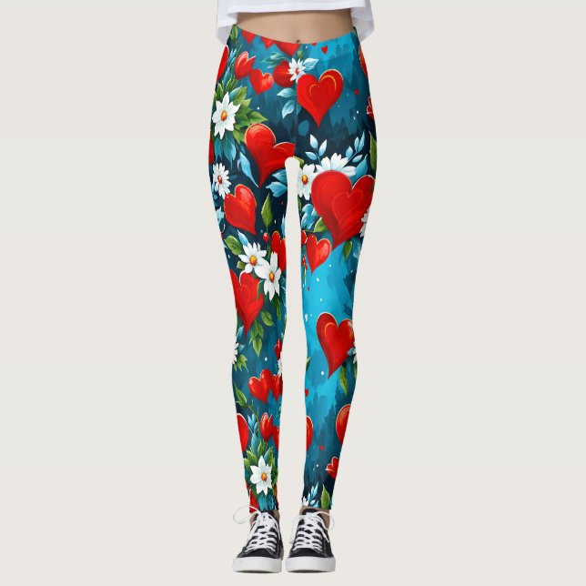 Legging Corações vermelhos e flores brancas azul-turquesa (Frente)