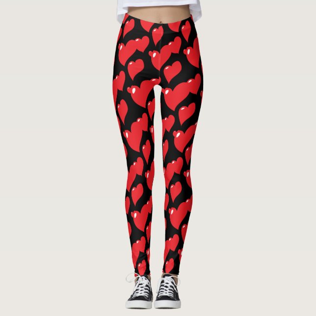 Legging "Corações Vermelhos em Fundo Negro" (Frente)