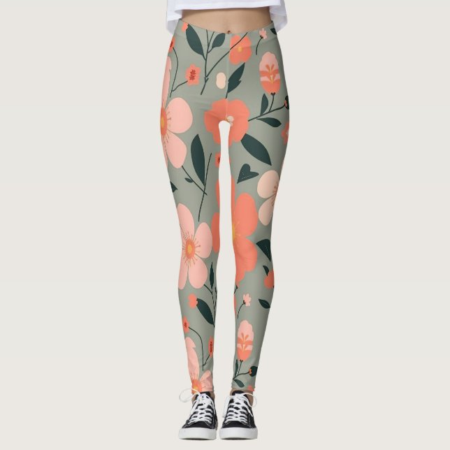 Legging Coral e Floral Rosa em Verde (Frente)