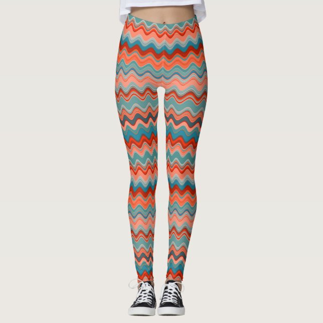 Legging Coral Salmon Laranja Teal Wavy Zigzag Padrão (Frente)