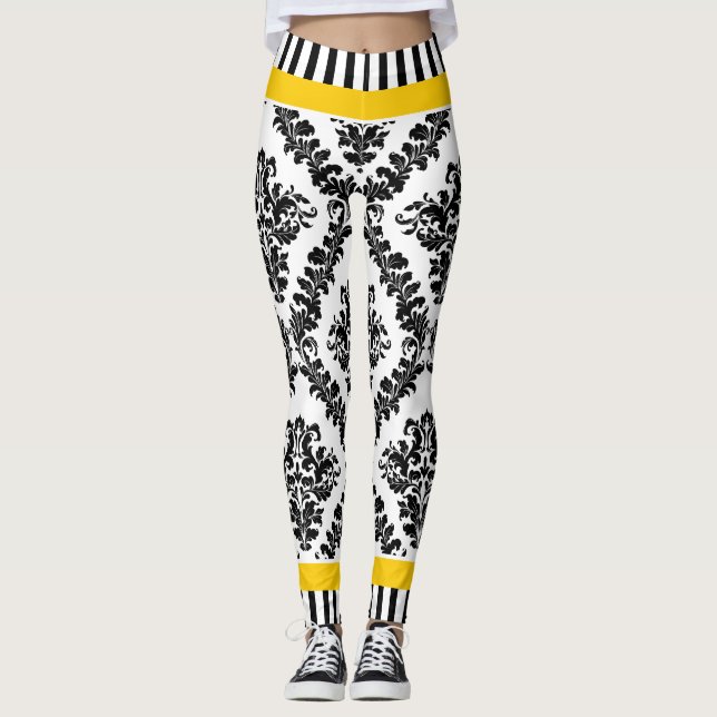 Legging Cores damasco e listras brancas amarelas e pretas (Frente)