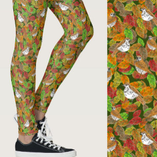 Legging Cores de outono folhas passarinhos padrão sazonal