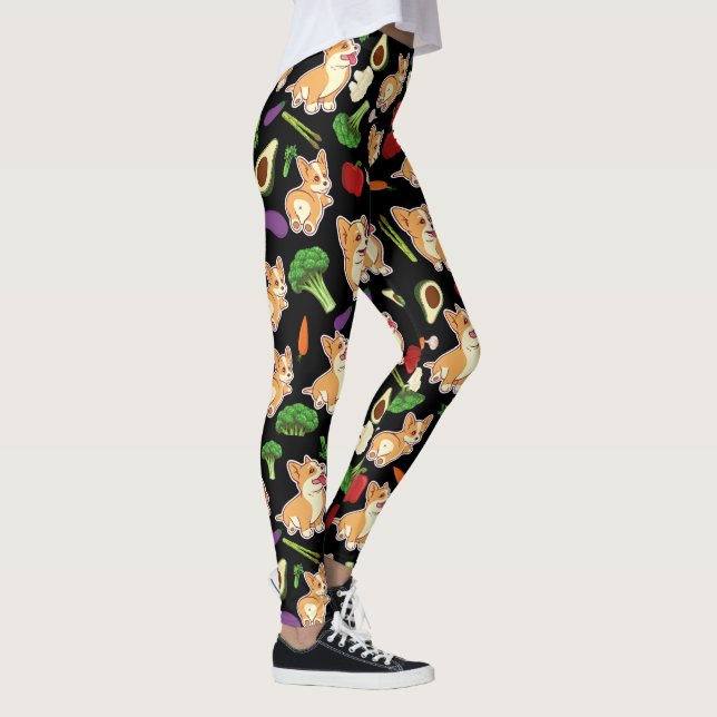 Legging Corgi cúmulo e padrão de Comida vegetal preto (Direita)