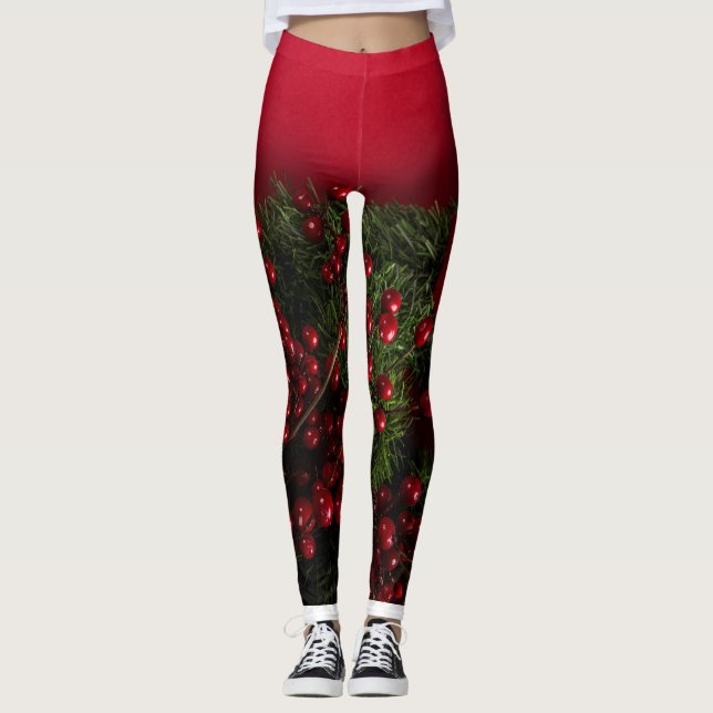 Legging coroa de natal com amoras vermelhas (Frente)